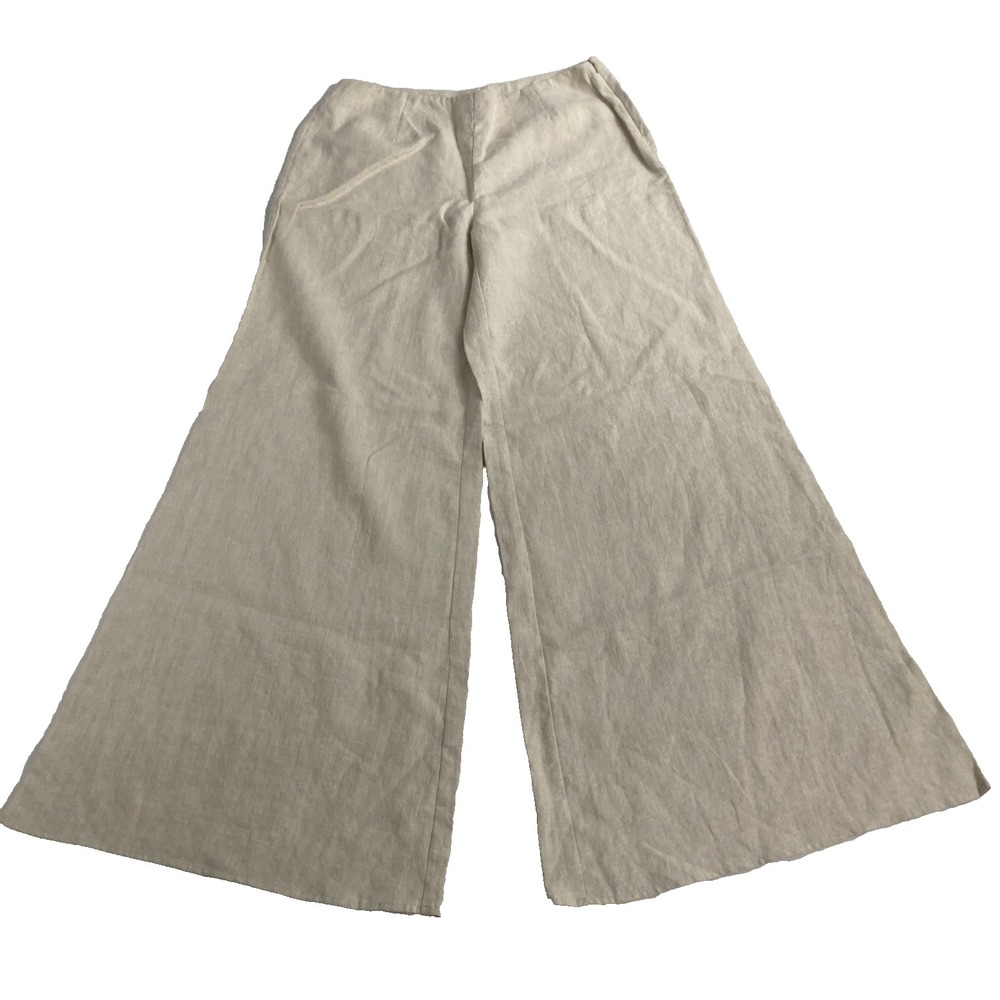 Willi Smith 100% Linen Wide Leg Trouser Pants Women Size 4 Beige Side Zip
